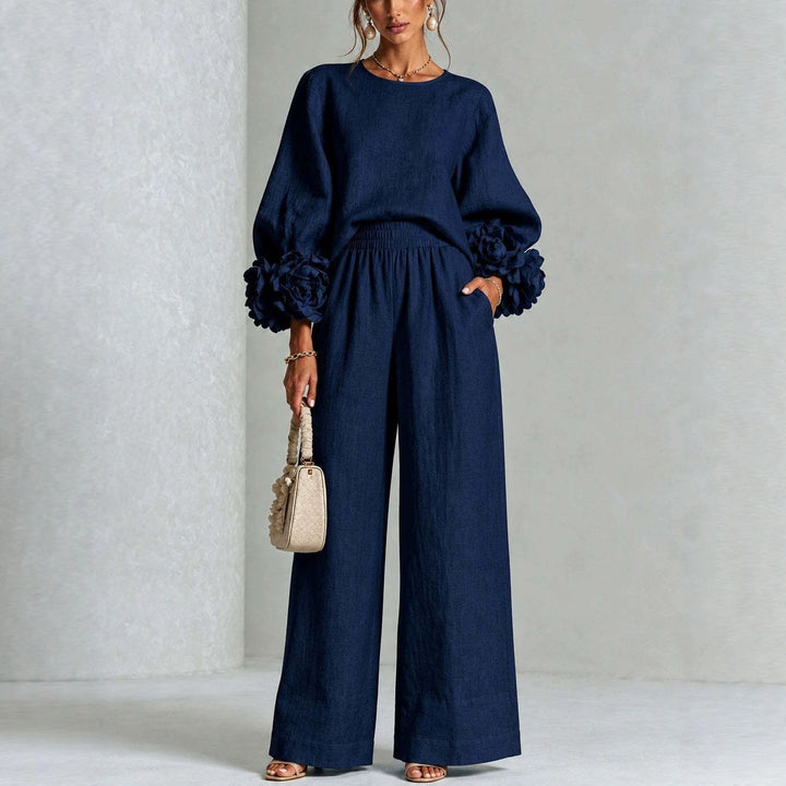 Women's Two-Piece Linen Blend Set with Wide Leg, Elastic Waistband and Floral Sleeves Mune Fashion