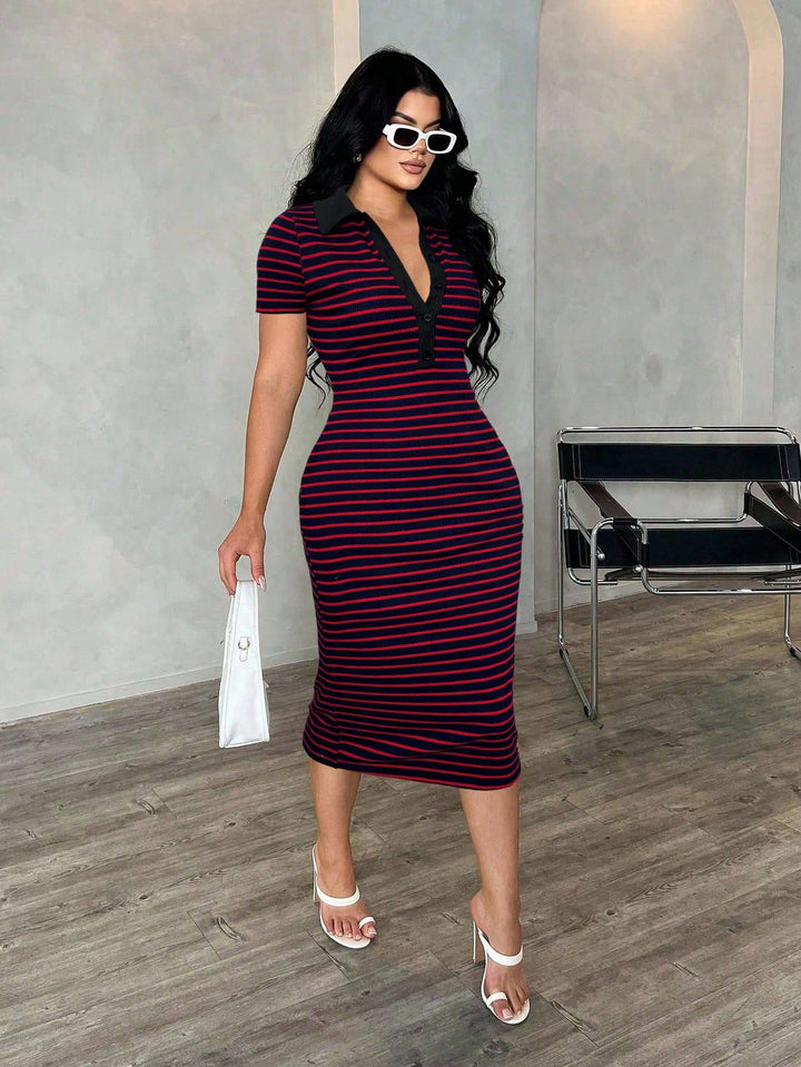 Women's Fitted Polo Dress in Stripe Look made of Rib Knit with Short Sleeves Mune Fashion