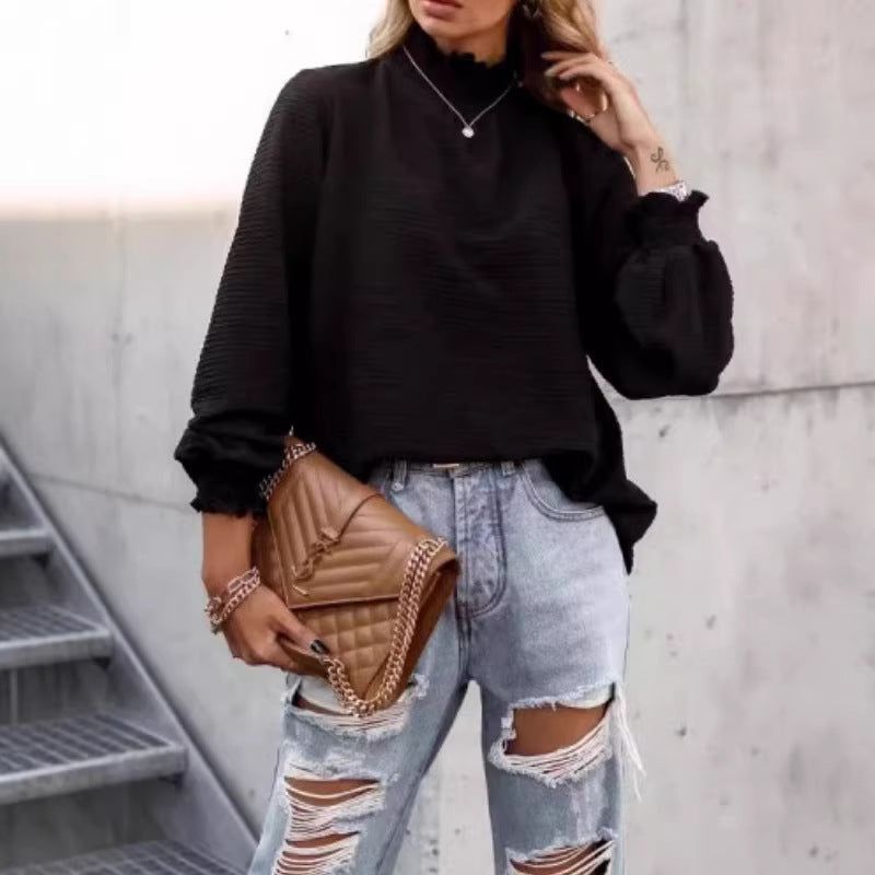 Women Loose Structured Long Sleeve Top with Ruffle Collar and Smocked Cuffs Drune