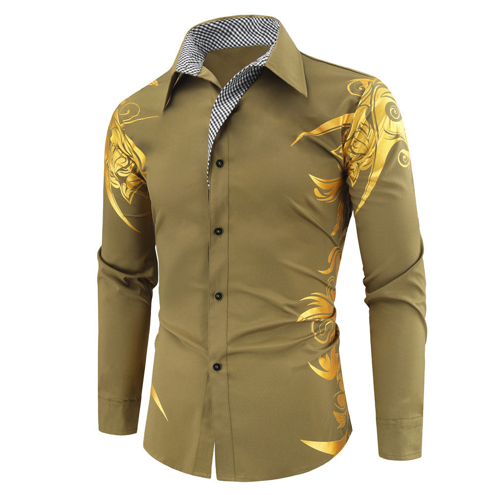 Men's Fitted Button-Down Shirt with Gold-Embellished Ornamentation and Contrasting Inner Collar Mune Fashion