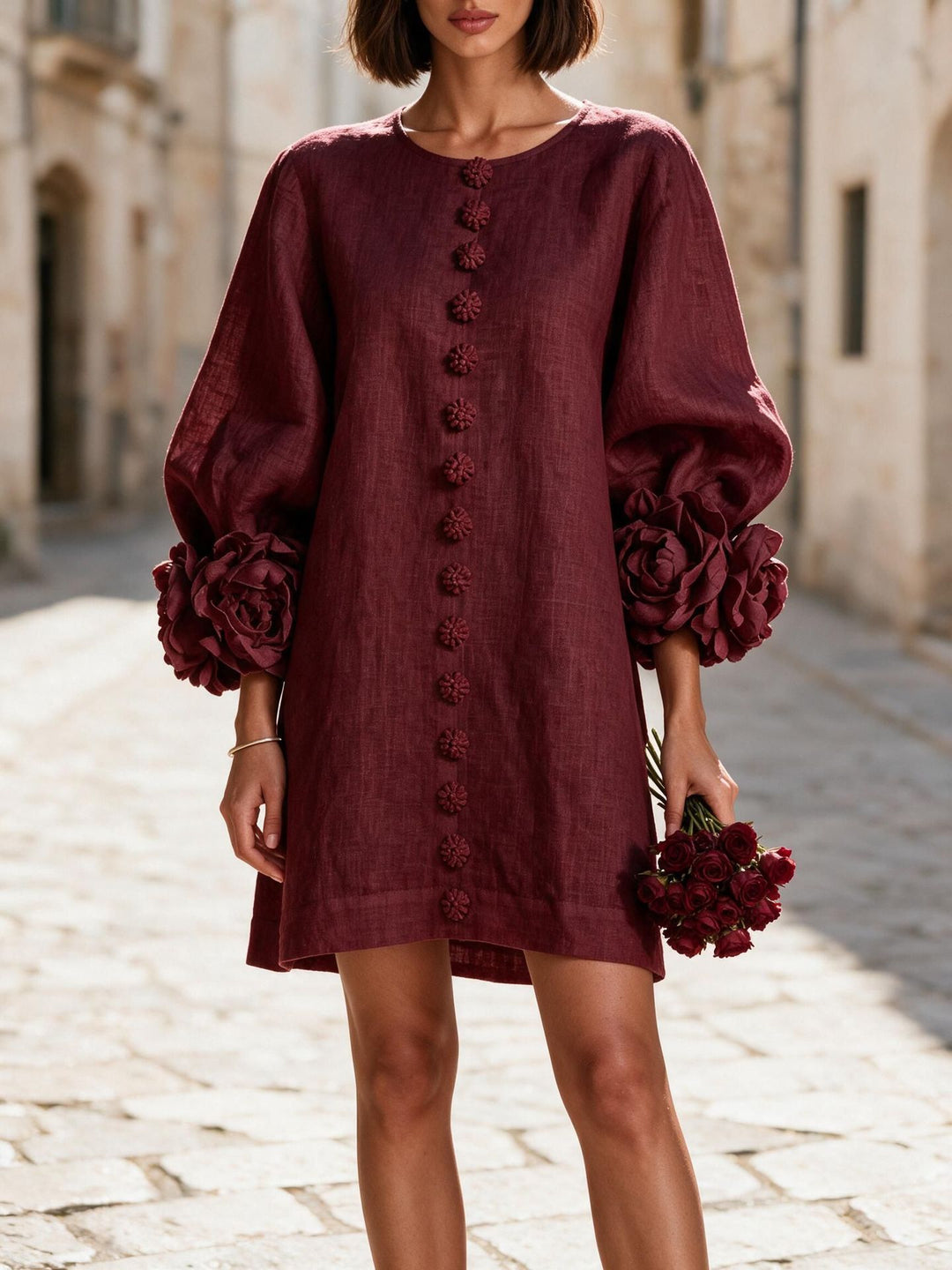 Ladies short dress made of linen with voluminous balloon sleeves and 3D flower cuffs Mune Fashion