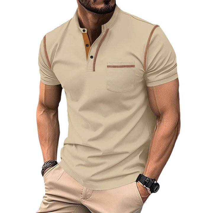 Men's short-sleeve polo in Henley style with stand-up collar, chest pocket and contrast stitching Mune Fashion