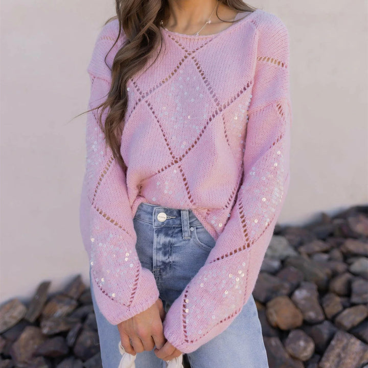 Women Chunky Knit Oversized Sweater with Openwork Diamond Pattern and Sequins Mune Fashion
