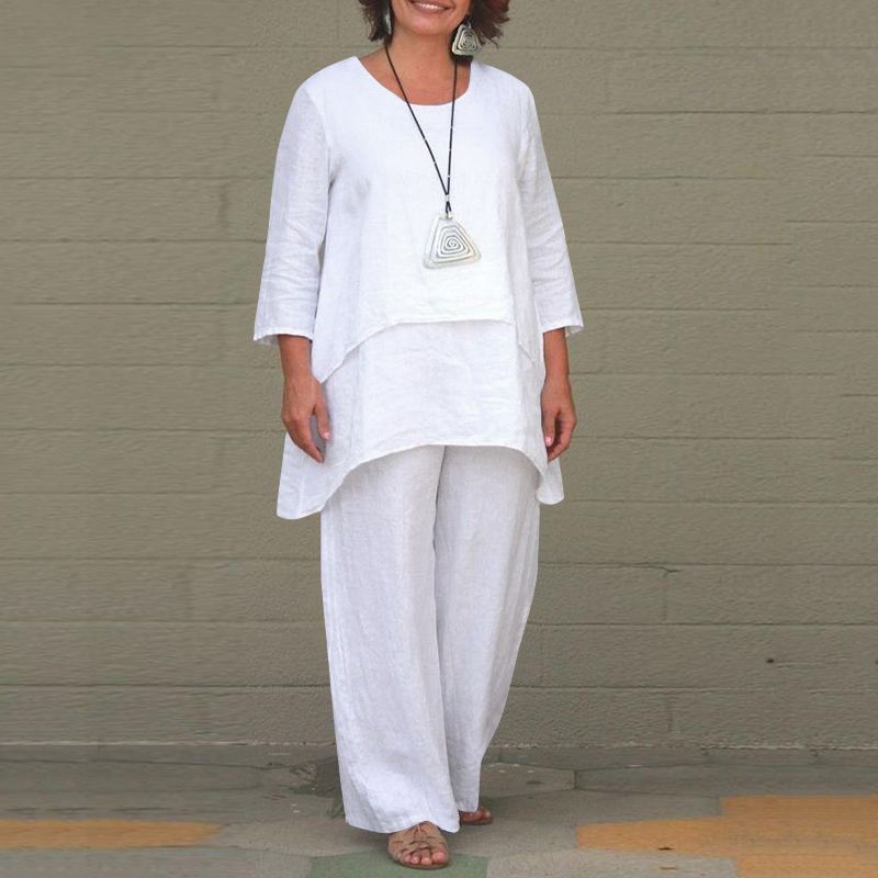 Women's Casual Two-Piece Linen Set with Oversized Tunic and Wide Palazzo Pants Mune Fashion