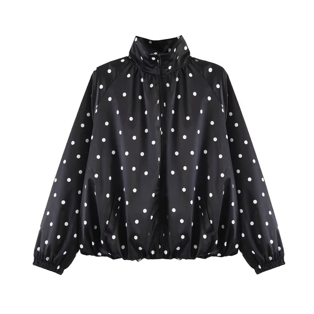 Women's Lightweight Water-Resistant Bomber Jacket with Stand Collar and Polka Dot Pattern Mune Fashion