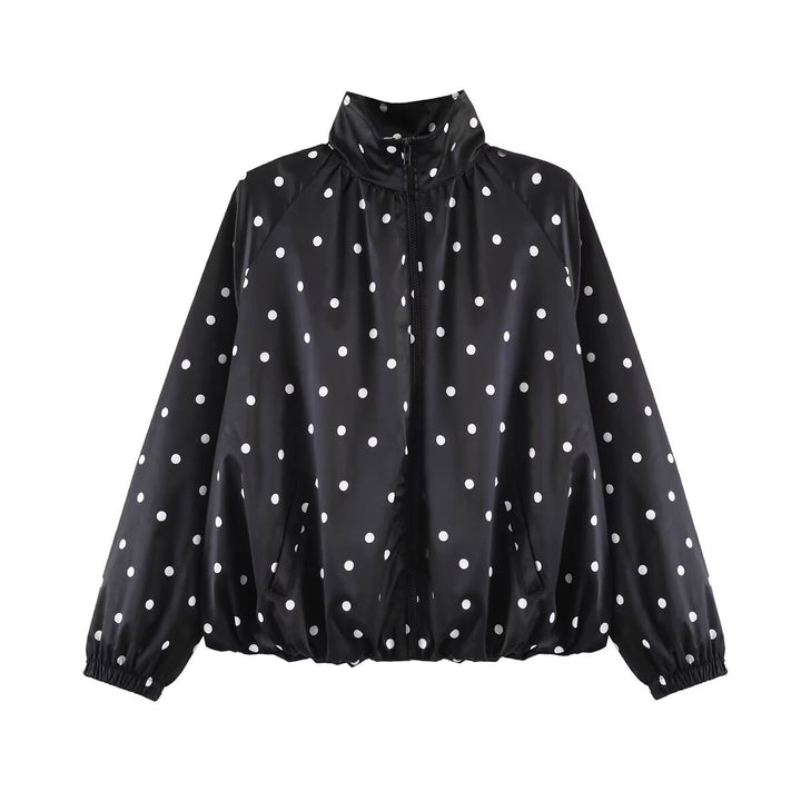 Women's Lightweight Water-Resistant Bomber Jacket with Stand Collar and Polka Dot Pattern Mune Fashion