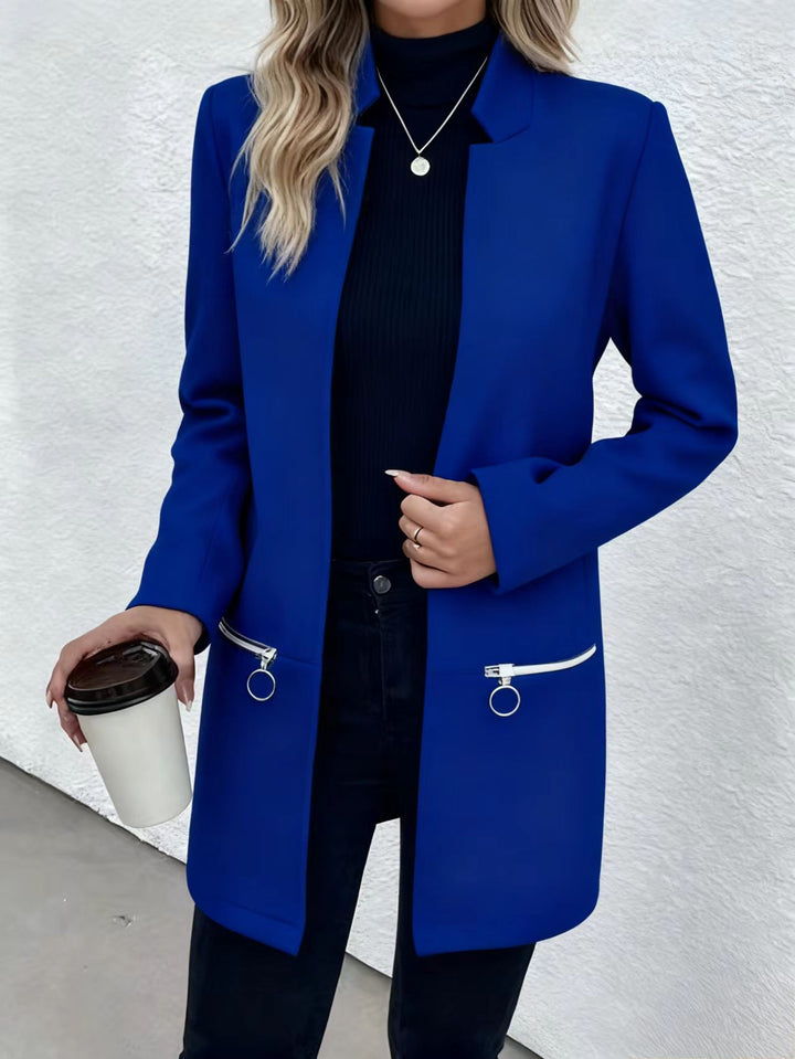 Women’s box coat with herringbone structure, slim stand-up collar and decorative zip pockets Drune