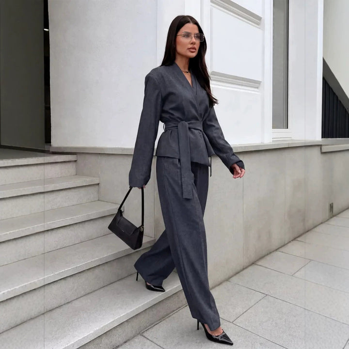 Women's Elegant Wrap Blazer Set with Waist Belt and Wide Pleated Trousers Mune Fashion