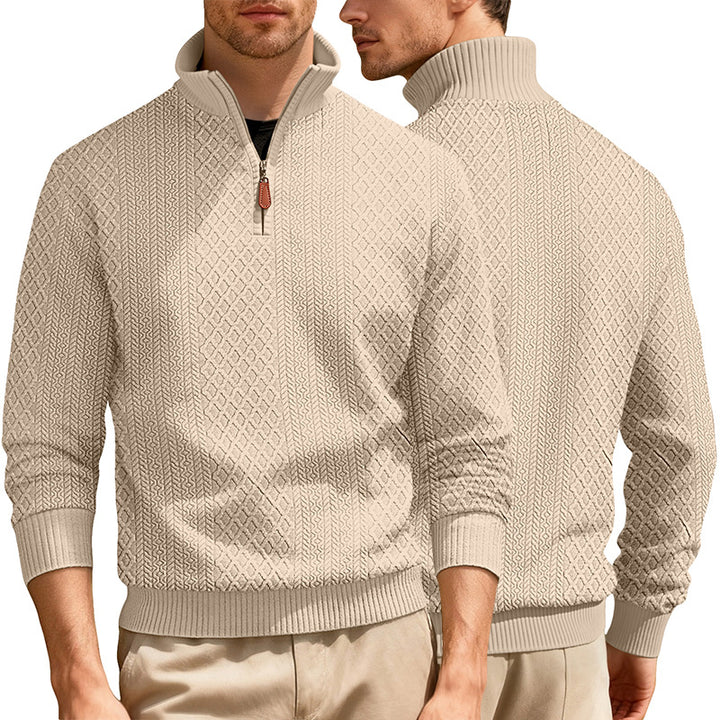 Men's half-zip pullover in fine-structured jacquard relief with high stand-up collar and leather zipper Mune Fashion