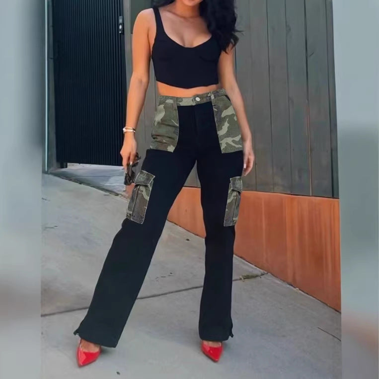 Women High-Waist Utility Jeans with Camouflage Panels and Patch Cargo Pockets Mune Fashion