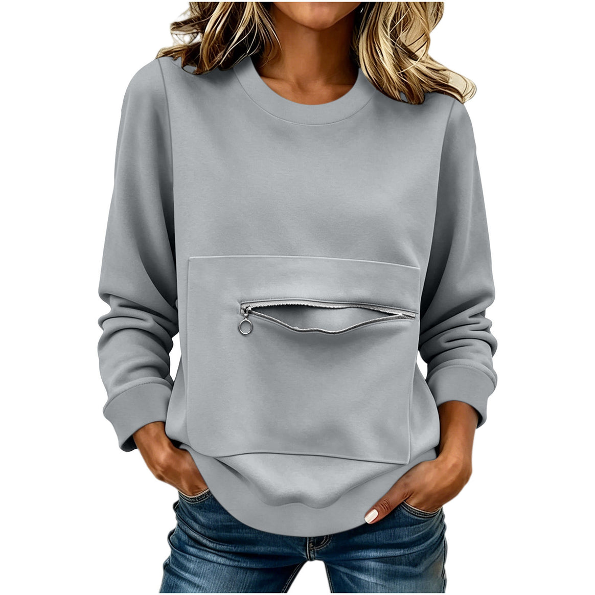 Women's locker-style sweatshirt with front zip pocket and round neck Mune Fashion