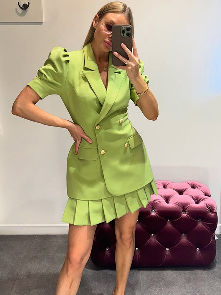 Women Double-Breasted Blazer Dress with Puff Sleeves and Pleated Hem Mune Fashion