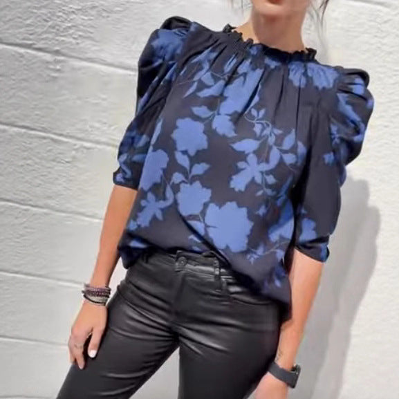 Women's wide-cut slip blouse with smocked ruffle collar and elbow-length puff sleeves Mune Fashion
