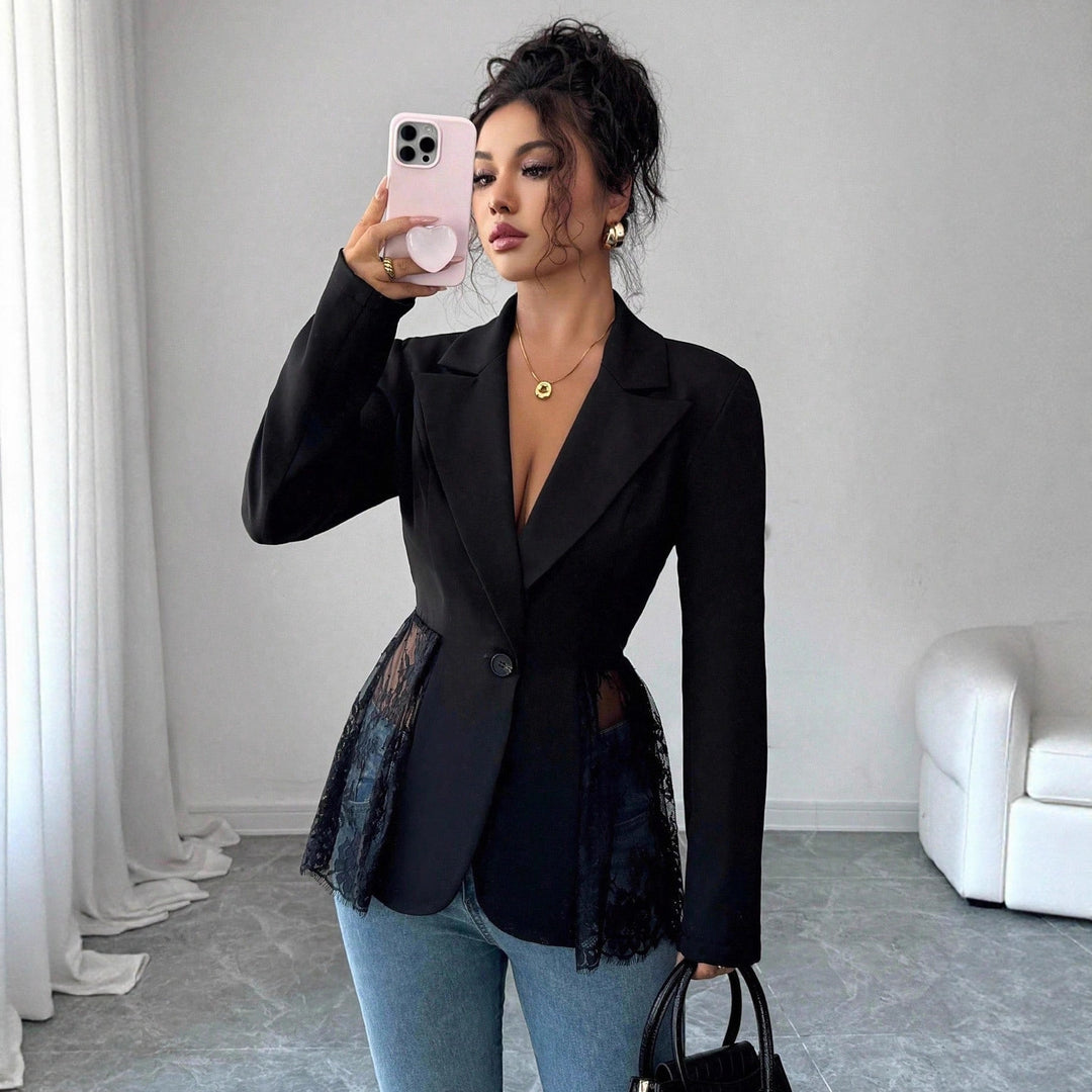 Women's nan tailored blazer with lace trim and deep V-neck Mune Fashion
