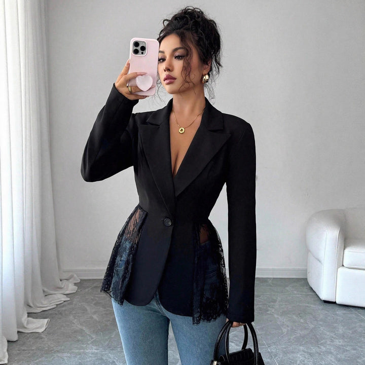 Women's nan tailored blazer with lace trim and deep V-neck Mune Fashion