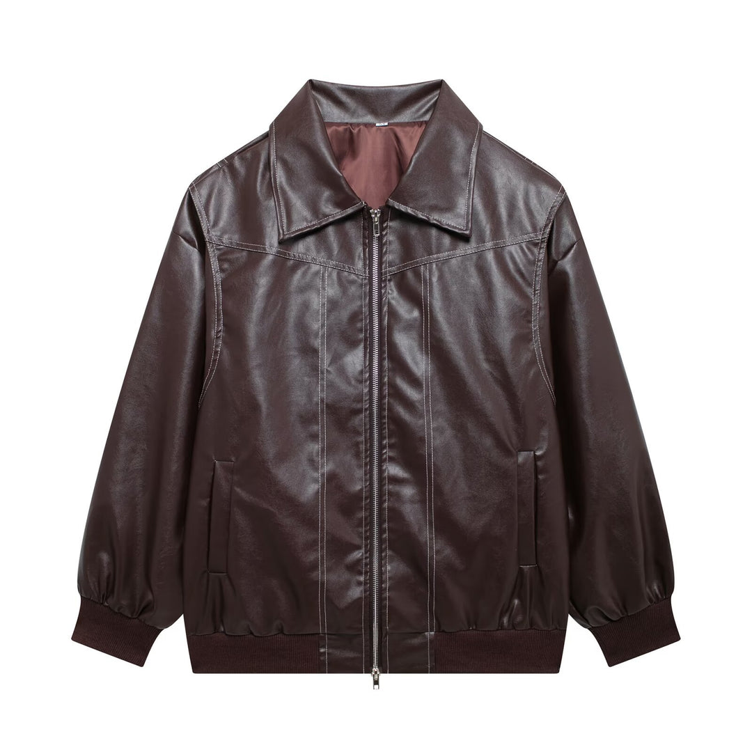 Women oversized faux leather bomber jacket with continuous zipper, oversized collar and ribbed cuffs Mune Fashion