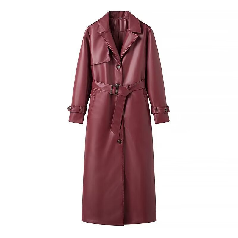 Women's Long Faux Leather Trench Coat with Waist Belt, Wide Lapels and Water-Resistant Surface Mune Fashion