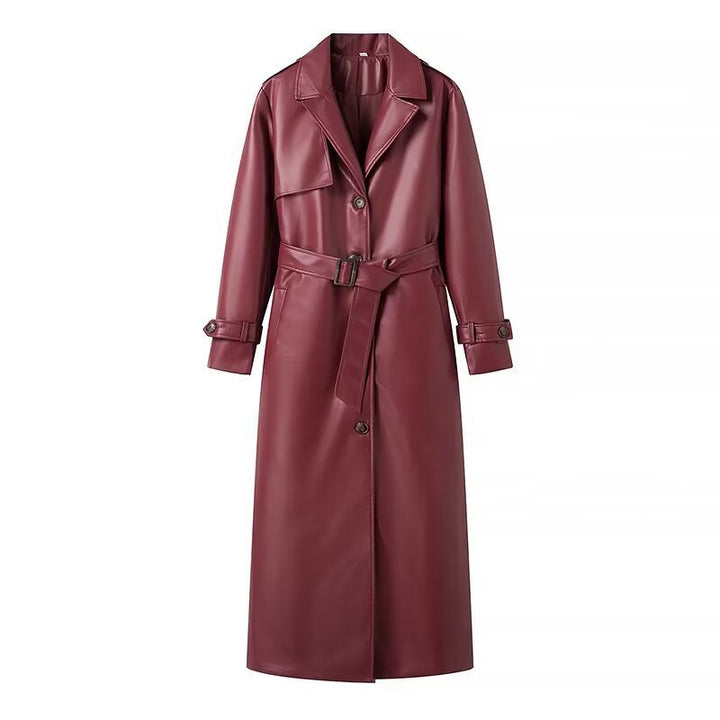 Women's Long Faux Leather Trench Coat with Waist Belt, Wide Lapels and Water-Resistant Surface Mune Fashion