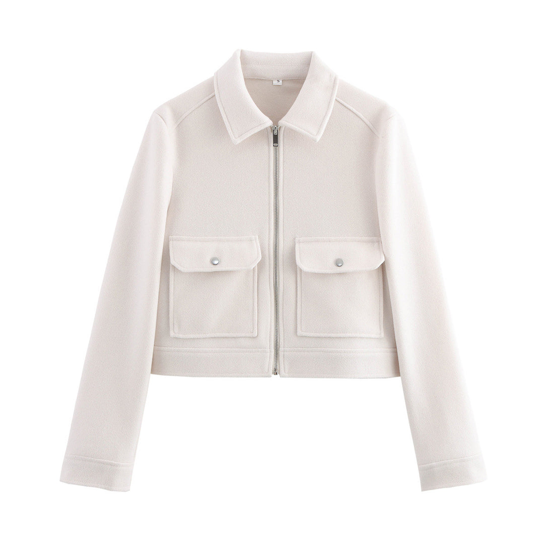 Women short cut wool mix jacket with shirt collar, zipper and patch flap pockets Mune Fashion