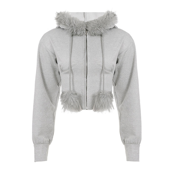 Women's cropped hoodie sweatshirt with faux fur trim, zipper, and pom-pom cords Mune Fashion