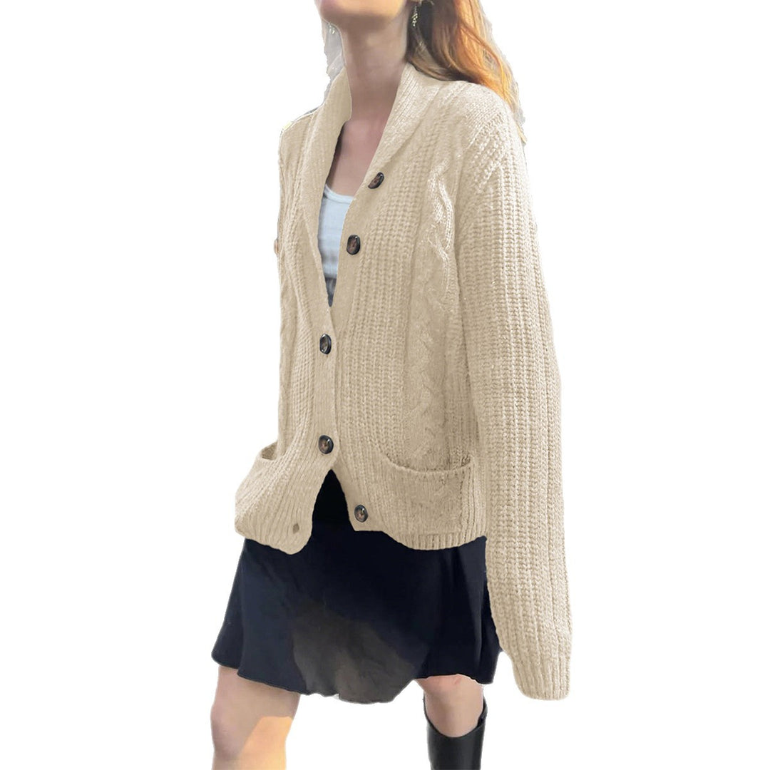 Women's hooded knitted cardigan with cable pattern, shawl collar, and wooden buttons Mune Fashion