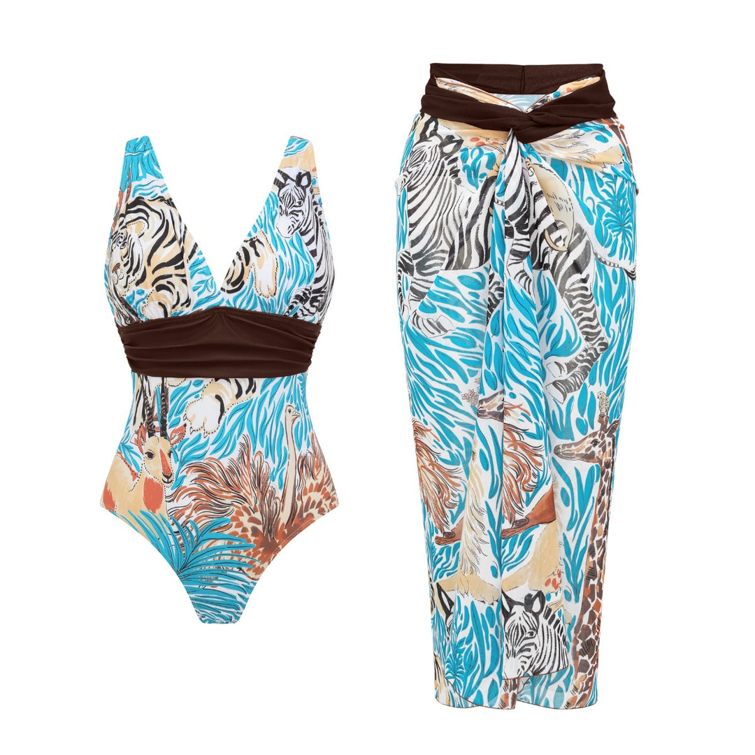 Women's One-Piece Swimsuit with Animal Print and Elegant Waistline Mune Fashion