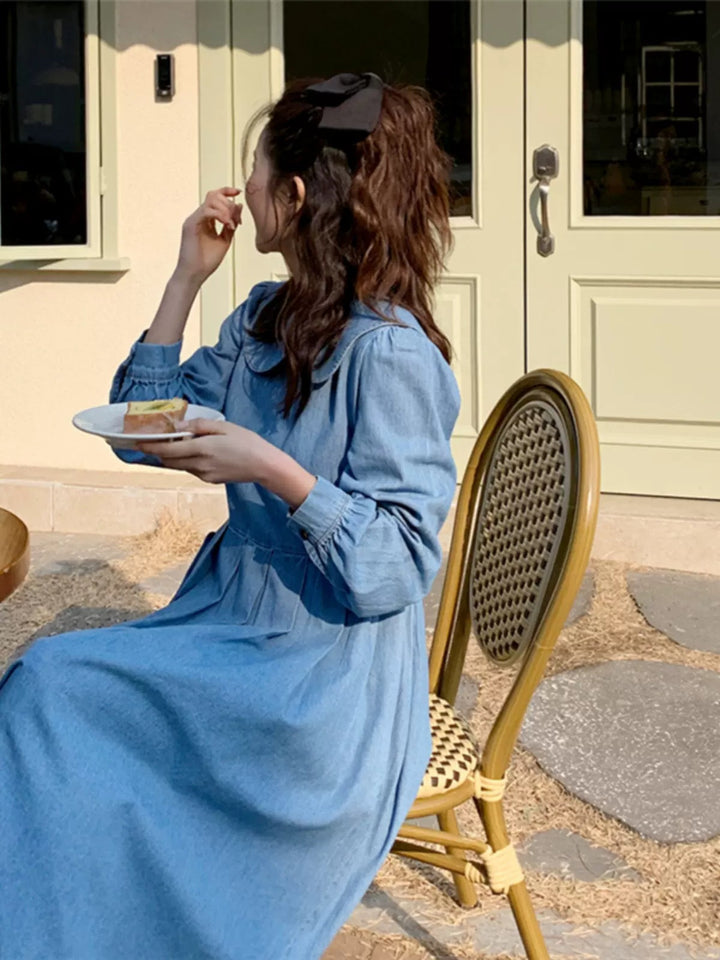 Women's Long Chambray Midaxi Shirt Dress with Ruffled Waist Yoke and Wide Skirt Pleats Mune Fashion