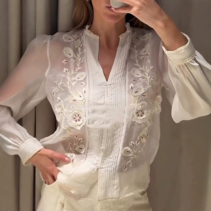 Ladies Transparent Embroidered Chiffon Blouse with Pintucks, V-Neck and Balloon Sleeves Mune Fashion