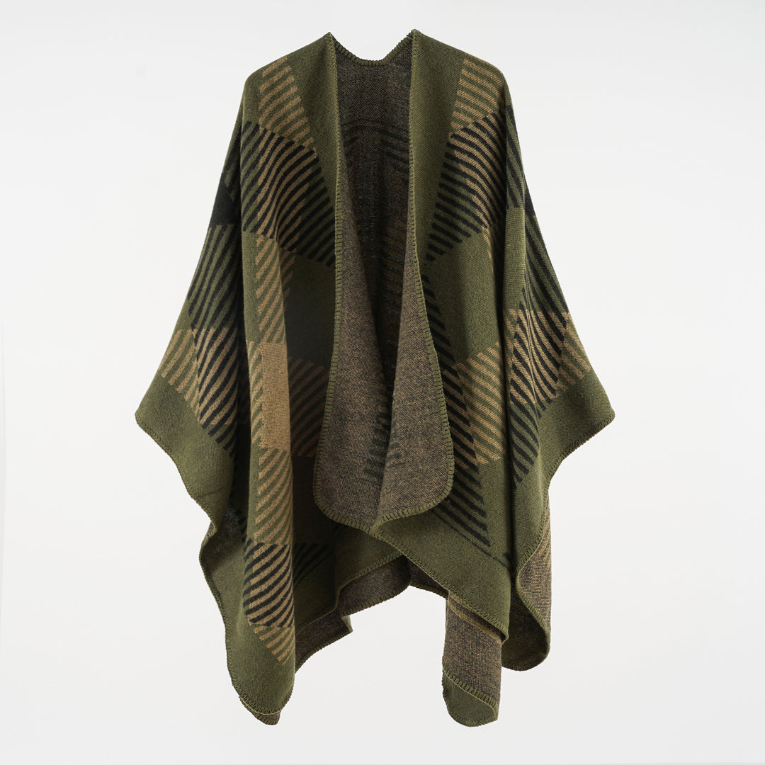 Women’s cape poncho made of wool blend with geometric striped jacquard and open edge seam Mune Fashion