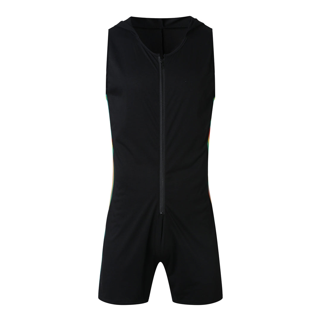 Men's sleeveless hooded short jumpsuit with full zip and ergonomic crotch solution Mune Fashion