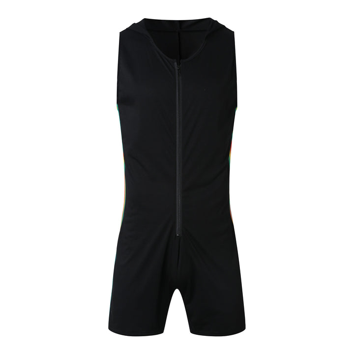 Men's sleeveless hooded short jumpsuit with full zip and ergonomic crotch solution Mune Fashion