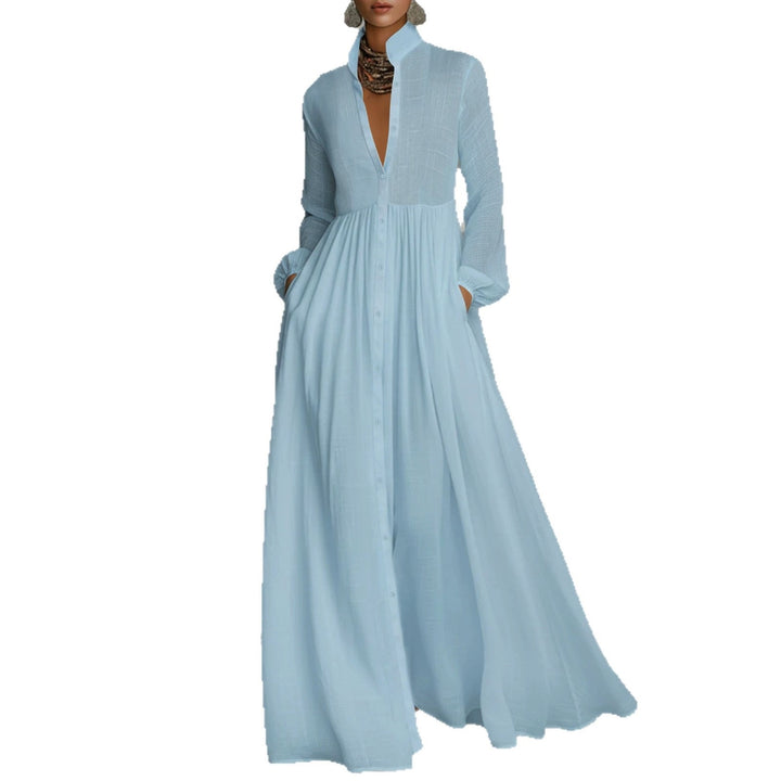 Ladies Maxidress with stand-up collar, continuous button placket, waist-high gathering and side pockets Mune Fashion