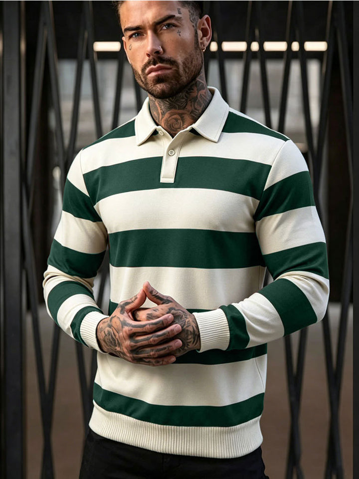 Men's striped rugby polo sweater with button placket and ribbed cuffs Mune Fashion