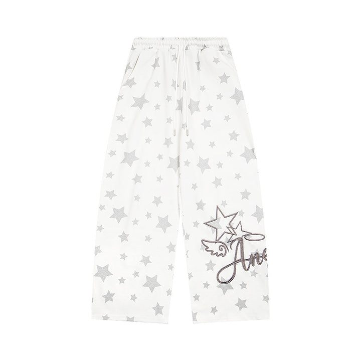 Women's extra wide palazzo lounge pants made of French terry with comfort waistband, drawstring, and all-over star print