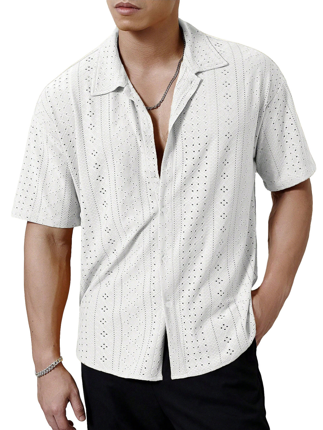 Men's short-sleeve casual shirt with openwork embroidery, lapel collar and relaxed fit Mune Fashion