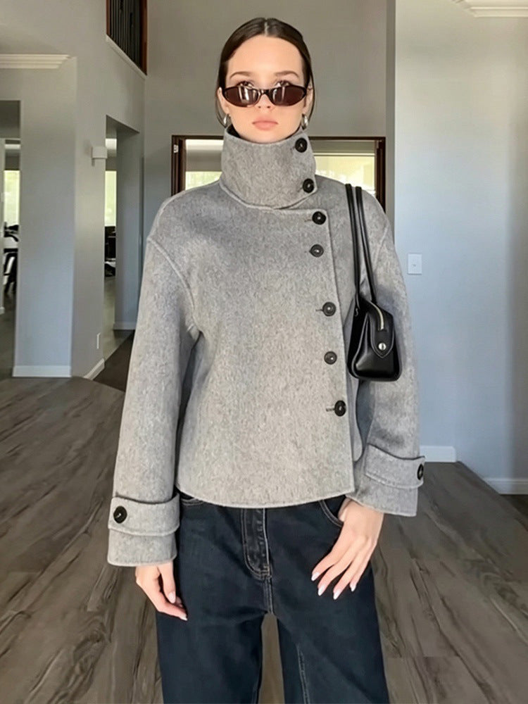 Women's Short Wool Blend Coat with Asymmetrical Button Placket and High Standing Collar Mune Fashion
