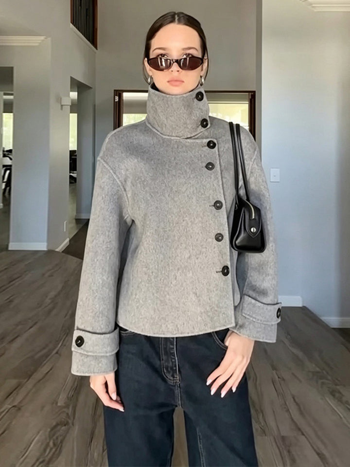 Women's Short Wool Blend Coat with Asymmetrical Button Placket and High Standing Collar Mune Fashion