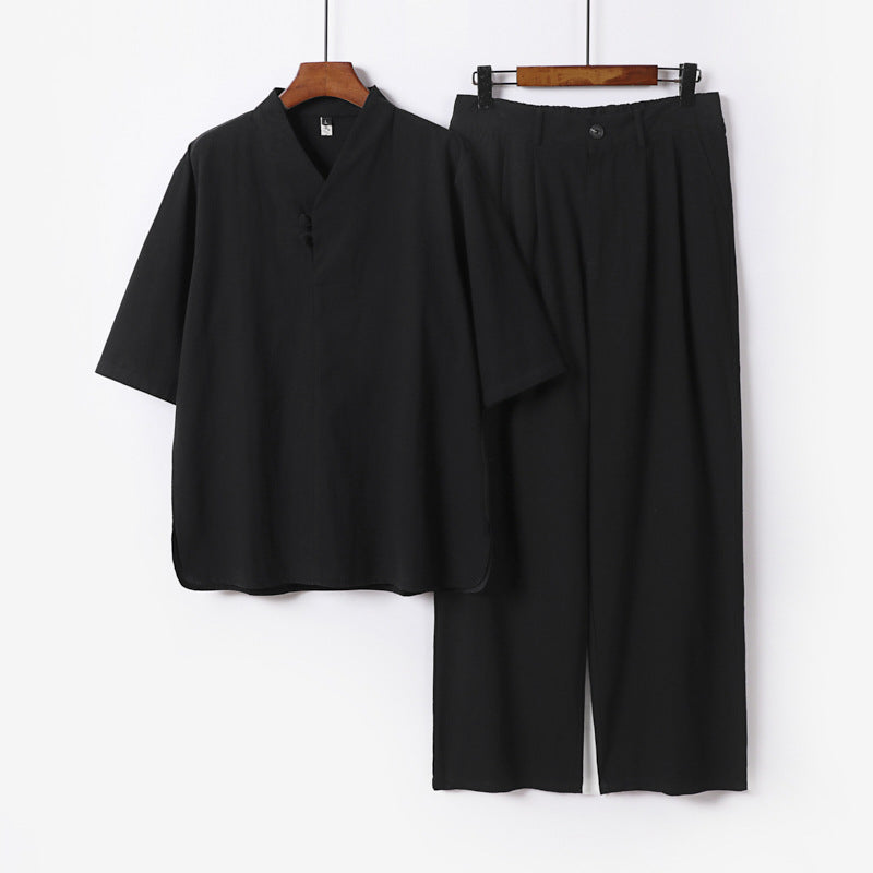 Men's Two-Piece Lightweight Kimono Loungewear Set with Stand Collar Tie Closure Short Sleeve and Wide Leg Pants Mune Fashion