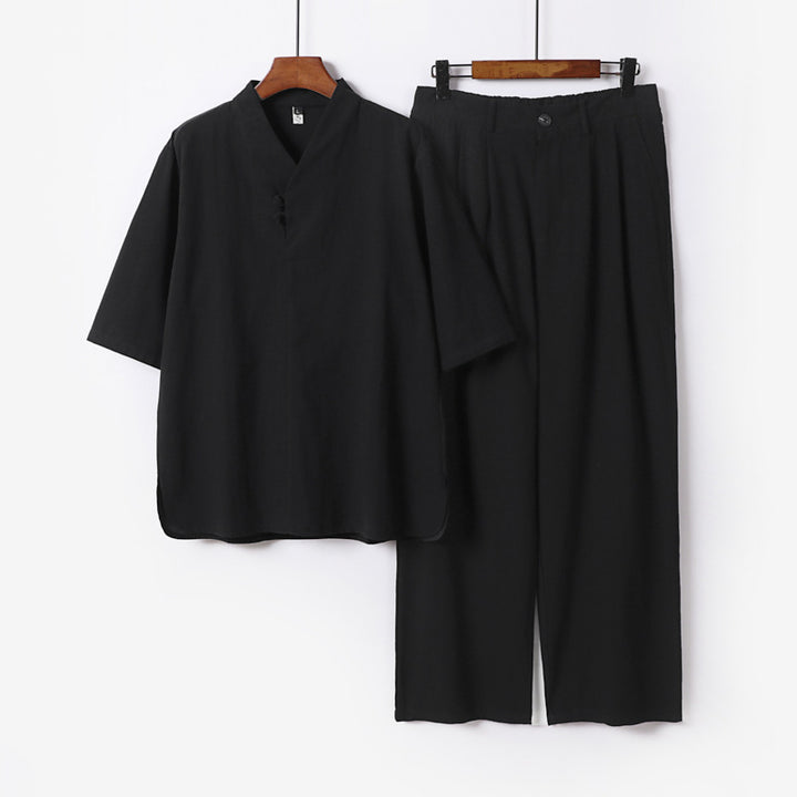 Men's Two-Piece Lightweight Kimono Loungewear Set with Stand Collar Tie Closure Short Sleeve and Wide Leg Pants Mune Fashion