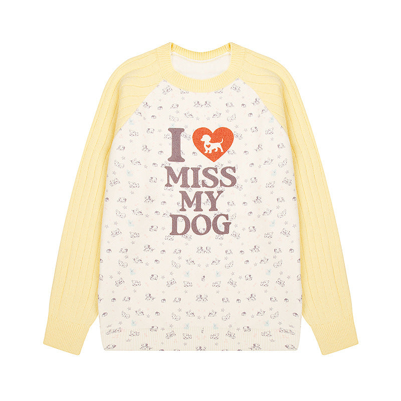 Women's knit sweater with raglan sleeves, allover dog motif and statement print Mune Fashion