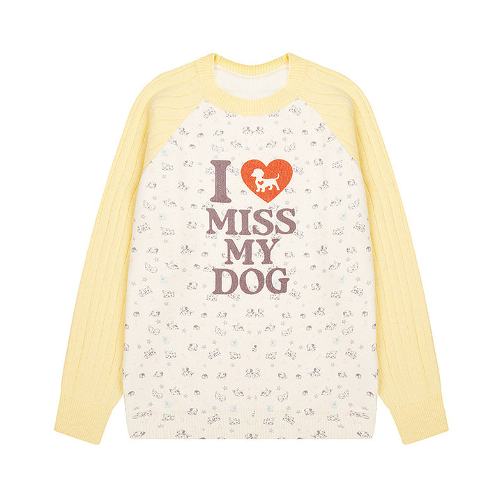 Women's knit sweater with raglan sleeves, allover dog motif and statement print Mune Fashion