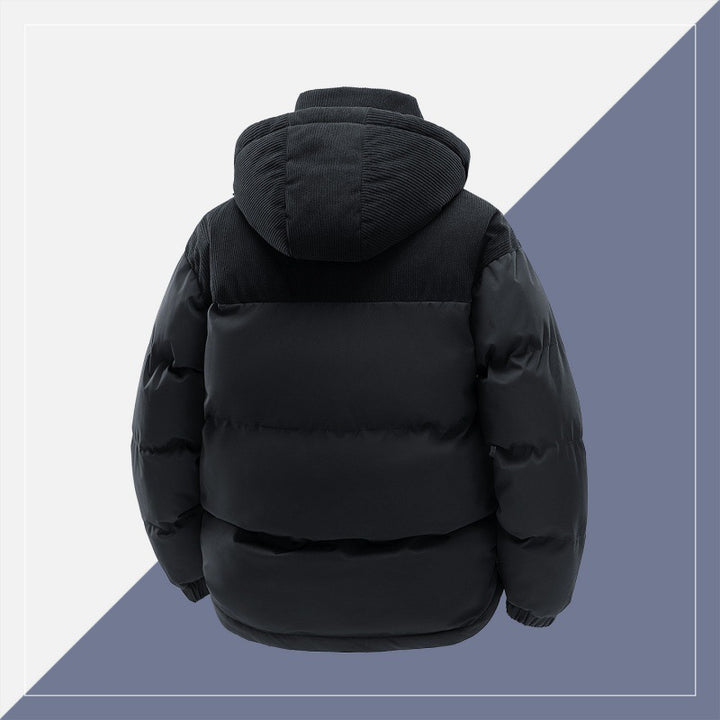 Men's padded quilted jacket with high hood, corduroy shoulder panels, and two-way zipper Mune Fashion