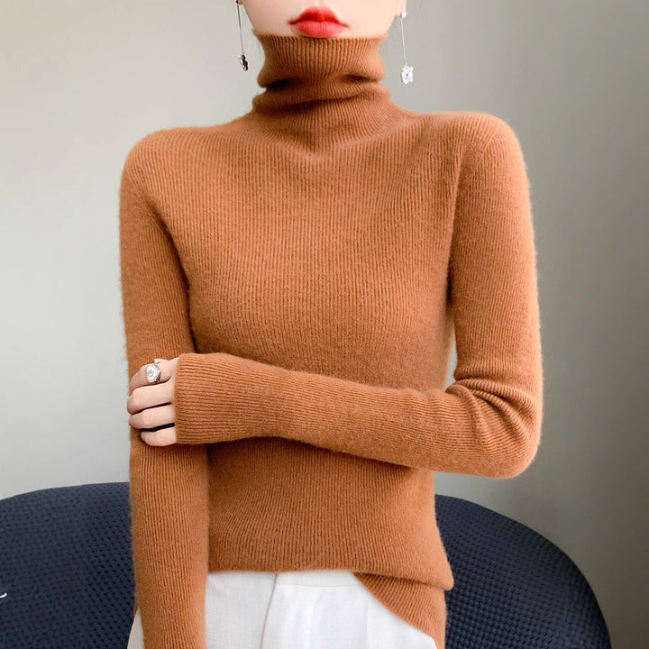 Women's Slim Roll Neck Sweater made of Cashmere Mix with Extra Long Sleeve Cuffs Mune Fashion