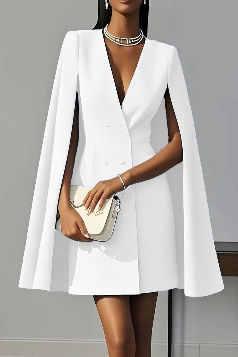 Women's Short Blazer Dress with Cape Sleeves and Double-Breasted Button Placket Drune