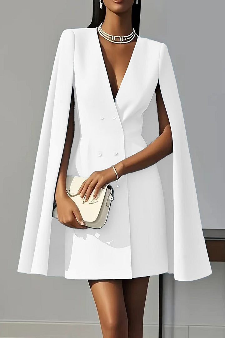 Women's Short Blazer Dress with Cape Sleeves and Double-Breasted Button Placket Drune