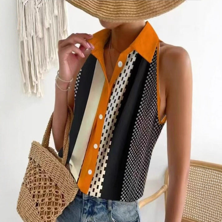 Women's sleeveless shirt blouse with collar, full button placket and graphic stripe and dot pattern Mune Fashion