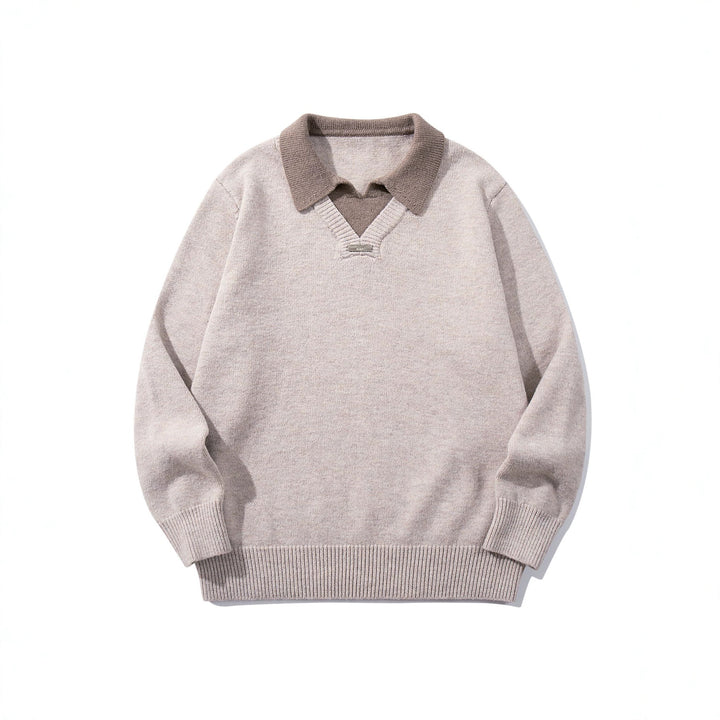 Men's Boxy Knit Sweater with Polo Collar and V-Inset Mune Fashion