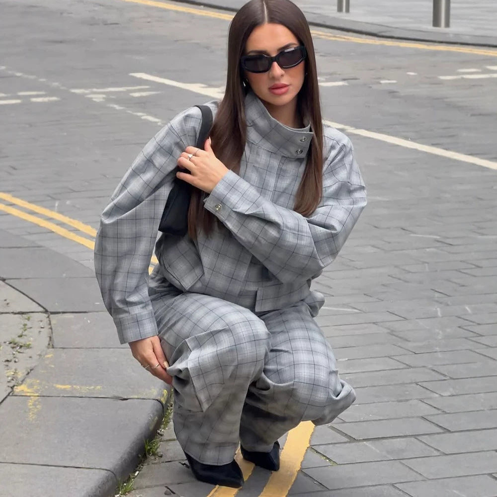 Women's Oversize Check Two-Piece from Tailormix with Stand-up Collar Mune Fashion