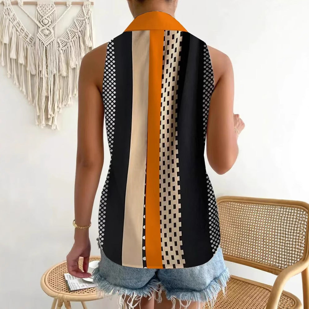 Women's sleeveless shirt top with pointed collar, contrasting button placket and geometric dot and stripe pattern Mune Fashion