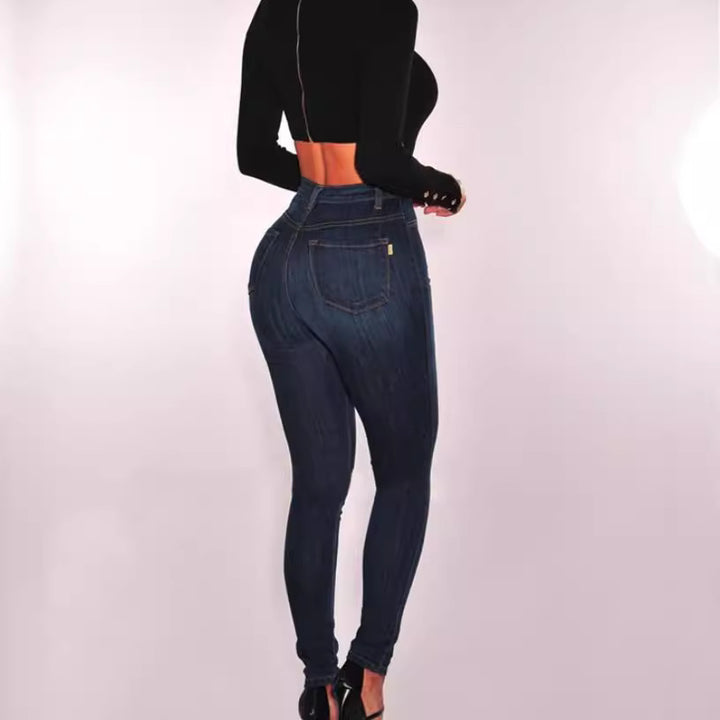 Women's high-waisted skinny jeans with visible button placket and figure-enhancing stretch Mune Fashion